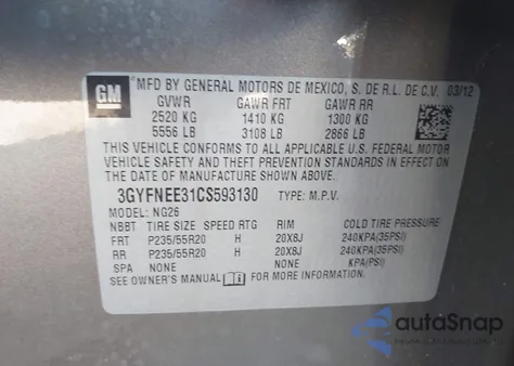 2012 Cadillac Srx Performance Collection from USA, damaged, VIN 3GYFNEE31CS593130